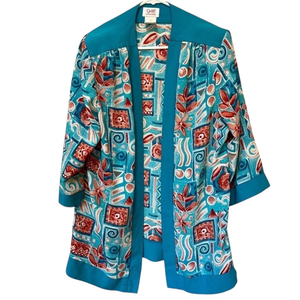 Vintage Boho Kimono Jacket Turquoise Floral Open Front Large